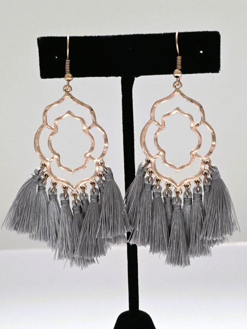 Gray Tassel Drop Earrings Gold Moroccan Filigree Boho Statement